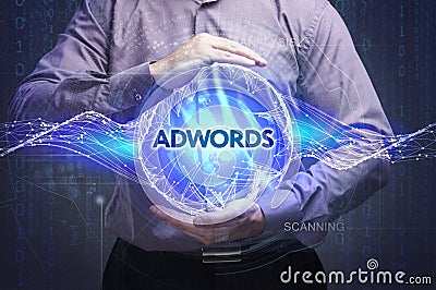 Business, Technology, Internet and network concept. Young businessman shows the word: AdWords Stock Photo