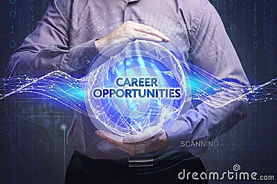 Business, Technology, Internet and network concept. Young businessman shows the word: Career opportunities Stock Photo