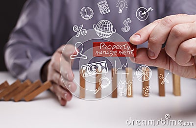 Business, Technology, Internet and network concept. Young businessman shows the word: Property management Stock Photo