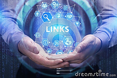 Business, Technology, Internet and network concept. Young businessman shows the word on the virtual display of the future: Links Stock Photo