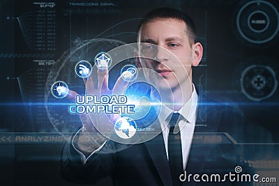 Business, Technology, Internet and network concept. Young businessman working on a virtual screen of the future and sees Stock Photo