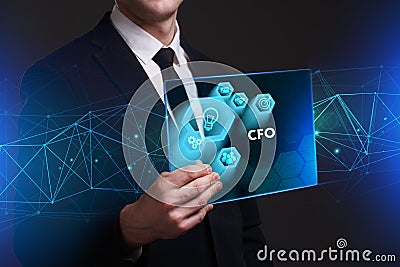 Business, Technology, Internet and network concept. Young businessman working on a virtual screen of the future and sees Stock Photo