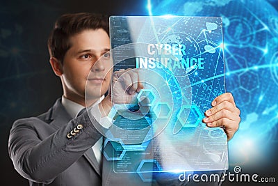 Business, Technology, Internet and network concept. Young businessman showing a word in a virtual tablet of the future: Cyber insu Stock Photo