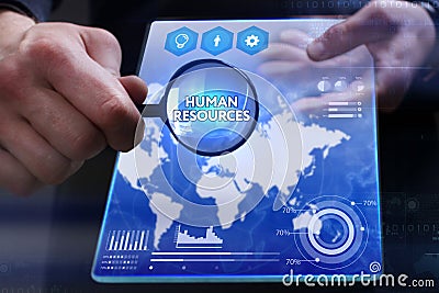 Business, Technology, Internet and network concept. Young businessman showing a word in a virtual tablet of the future: Human res Stock Photo