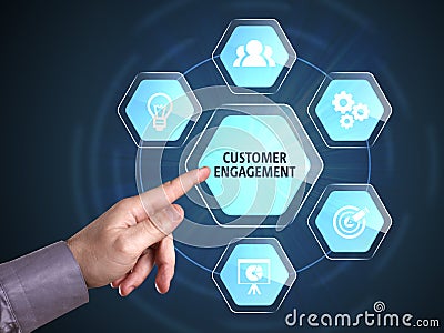 Business, Technology, Internet and network concept. Young businessman shows the word: Customer engagement Stock Photo