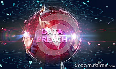 Business, Technology, Internet and network concept. Young businessman shows the word: Data breach Stock Photo