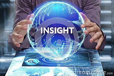 Business, Technology, Internet and network concept. Young businessman shows the word on the virtual display of the future: Insight Stock Photo