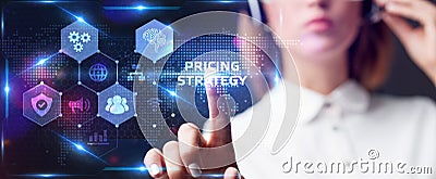 Business, Technology, Internet and network concept. Young businessman shows the word on the virtual display of the future: Pricing Stock Photo