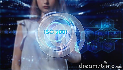 Business, technology, internet and network concept. Young businessman thinks over the steps for successful growth: ISO 9001 Stock Photo