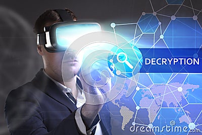 Business, Technology, Internet and network concept. Young businessman working in virtual reality glasses sees the inscription: Stock Photo