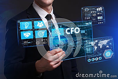 Business, Technology, Internet and network concept. Young businessman working on a virtual screen of the future and sees Stock Photo