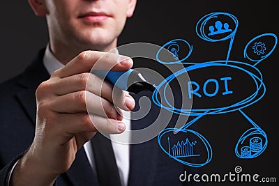 Business, Technology, Internet and network concept. Young business man writing word: ROI Stock Photo