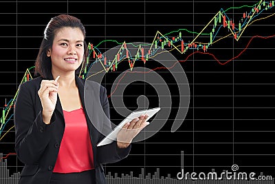 Business, technology, internet and stock market concept with copy space - friendly young smiling Stock Photo