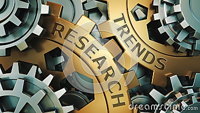 Business Technology. Trends research concept. Gold and silver gear wheel background illustration. 3d render Cartoon Illustration
