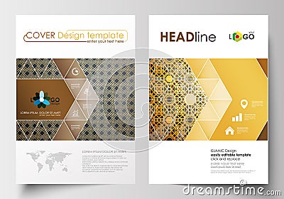 Business templates for brochure, magazine, flyer. Cover design template, flat layout in A4 size. Islamic gold pattern Vector Illustration