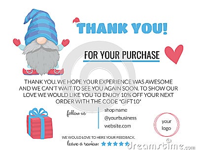 Business thank you card, baby store thank you card, toys, clothes. Postcard coupon for handmade products with a boy Vector Illustration