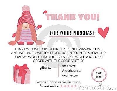 Business thank you card, baby store thank you card, toys, clothes. Postcard coupon for handmade products with a girl Vector Illustration