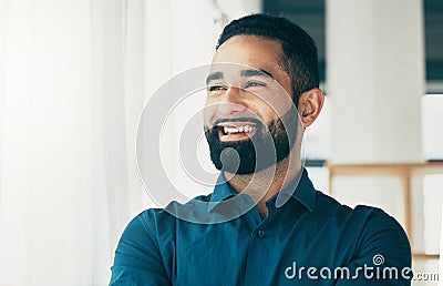 Business, thinking and man with ideas, solution and problem solving with a startup, smile and planning. Person, employee Stock Photo