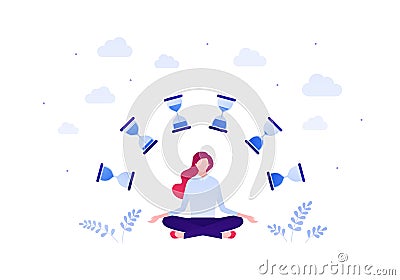 Business time management and work life balance concept. Vector flat person illustration. Female sitting in meditation pose juggle Vector Illustration