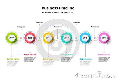 Business timeline in step circles infographics. Corporate milestones graphic elements. Company presentation slide template with y Vector Illustration