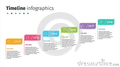 Business timeline with step flags infographics. Corporate milestones graphic elements. Company presentation slide template with ye Vector Illustration