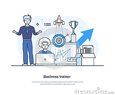 Business trainer, coach speaking before audience presenting chart or report Vector Illustration