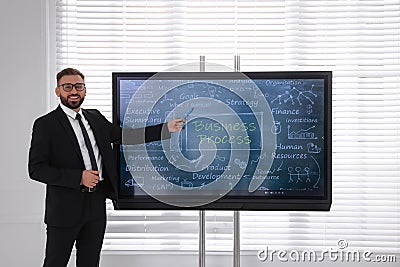 Business trainer using interactive board in meeting room during presentation Stock Photo