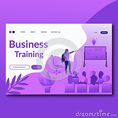 Business Training- Flat Landing page template. Modern flat concept for web design. Vector illustration with woman and presentation Cartoon Illustration