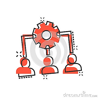 Business training icon in comic style. Gear with people cartoon vector illustration on white isolated background. Employee Vector Illustration