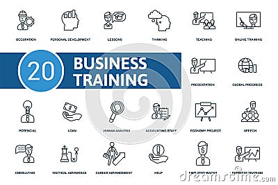 Business Training icon set. Collection contain occupation, potencial, speech, global progress, loan, teaching and over Vector Illustration