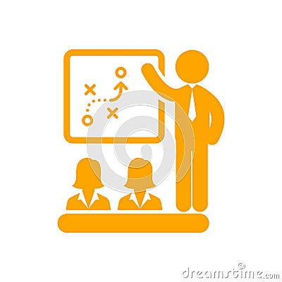 business training , teaching, learning, teacher , board , meet up, displayed, training orange icon Vector Illustration