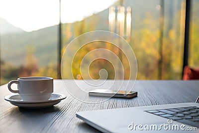 Business Travel Morning Composition with Computer Coffee and Telephone Stock Photo