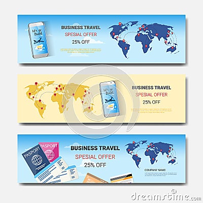 Business Travel Special Offer Set Of Template Horizontal Banners, Tourism Agency Seasonal Sale Posters Design Vector Illustration