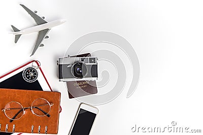 Business travel and transportation objects on white copy space Stock Photo