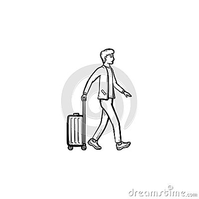 Business traveler walking with suitcase hand drawn outline doodle icon. Vector Illustration
