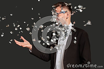 Business trick fraud scheme fooled man confetti Stock Photo
