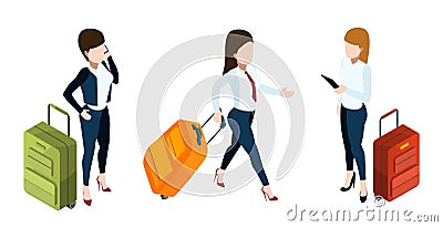 Business trip concept. Businesswomen with suitcases. Vector isometric luggage and girls Vector Illustration