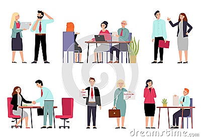 Business trouble. Office people and problems, job interview. Hr management characters, leadership and employee Vector Illustration