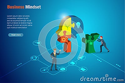 Business unlocked, positive mindset, opening mind and mind set change concept. Businessman connecting jigsaw puzzles missing piece Vector Illustration