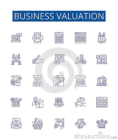 Business valuation line icons signs set. Design collection of Valuation, Business, Asset, Liability, Cashflow, Equity Vector Illustration