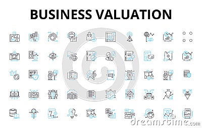 Business valuation linear icons set. Appraisal, Valuation, Equity, Assets, Liabilities, Net worth, Financials vector Vector Illustration