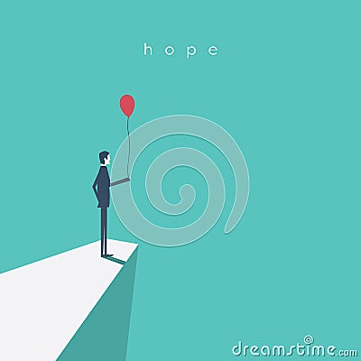 Business vector concept of hope, success, future. Businessman standing with red balloon. Vector Illustration