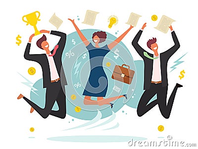 Business victory concept. Winning jumping happy peoples male and female team place vector flat characters background Vector Illustration