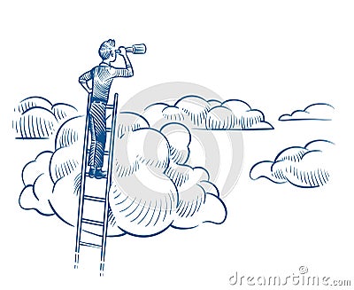 Business vision. Businessman with telescope standing on ladder among clouds. Successful future achievements sketch Vector Illustration