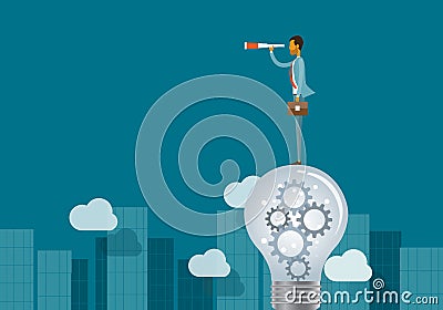 Business vision concept and business man standing on light bulbs Vector Illustration