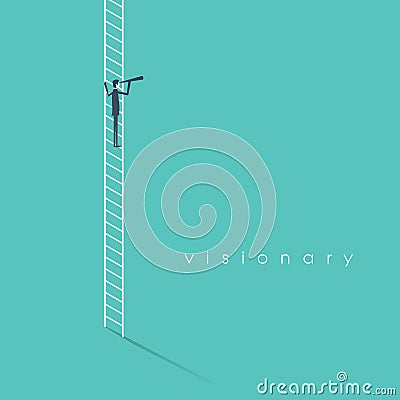 Business vision concept with businessman vector symbol standing on a ladder looking through monocular. Strategy and Vector Illustration