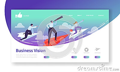 Business Vision Landing Page Template. Website Layout with Flat People Characters Flying on Paper Plane. Easy to Edit Vector Illustration