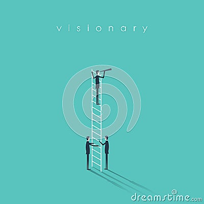 Business vision, leadership and teamwork concept vector background. Businessman standing on a ladder with monocular. Vector Illustration