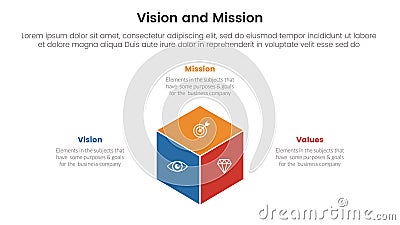business vision mission and values analysis tool framework infographic with 3d box shape 3 point stages for slide presentation Stock Photo