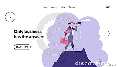 Business Vision, Recruitment Employee Website Landing Page. Businessman with Briefcase in Hand Stand on Mountain Top Vector Illustration